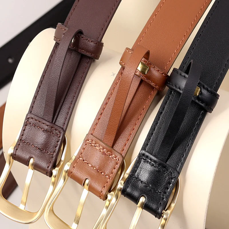 Famicare Luxury Soft Cowhide Ladies Real Genuine Leather Cowskin Pin Belt Waistband for Girls Women Metal Buckle Fashionable