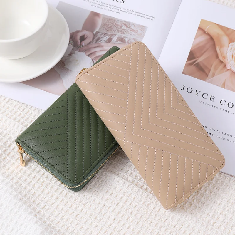 New Fashion Solid Color PU Wallet Girls Zipper Print Clutch Bag Temperament Simple Sewing Line Coin Purse Women Zipper Pocket