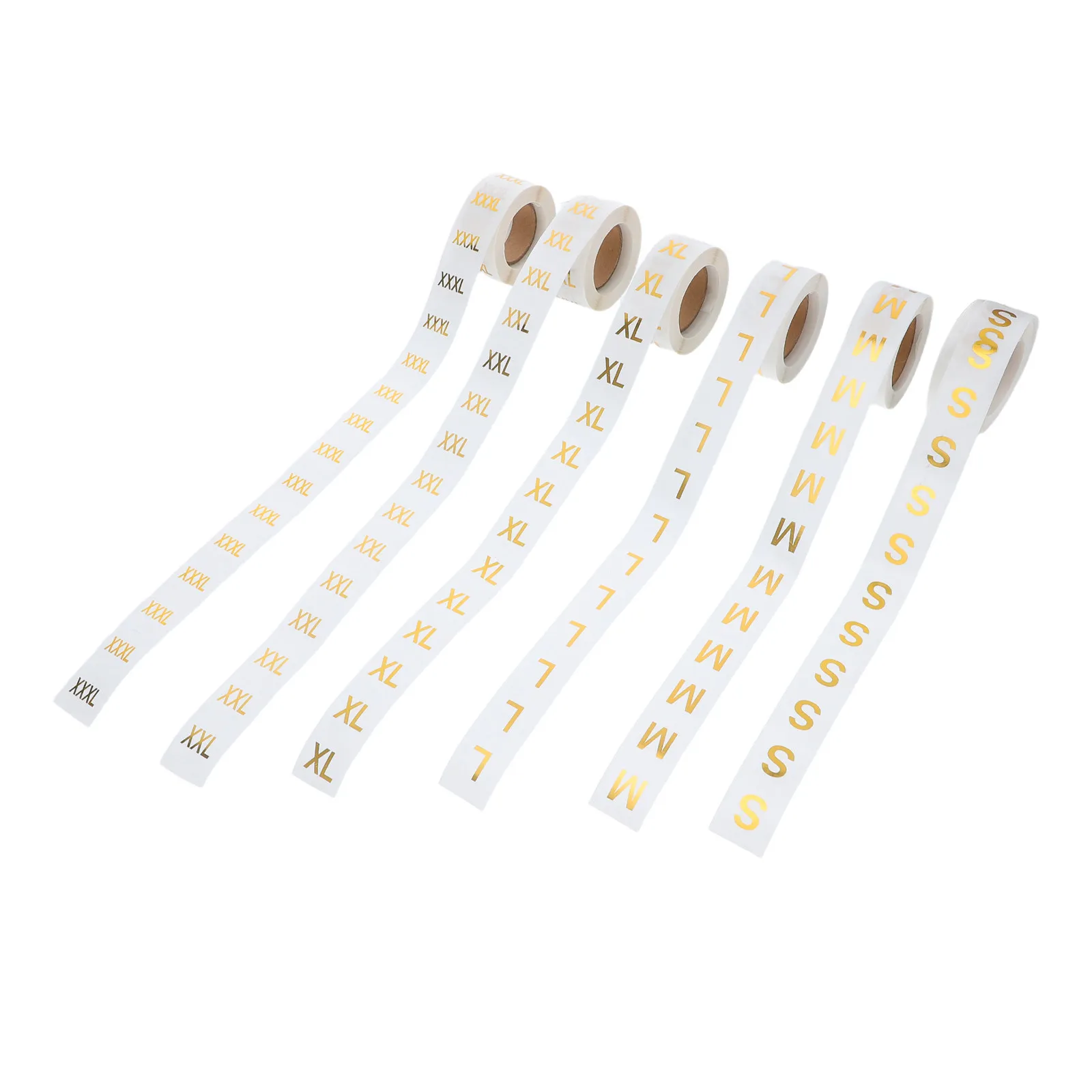 

6 рулонов этикеток для одежды, круглые самоклеящиеся наклейки S-3XL, XXXL, прозрачный фон, золотое тиснение, бирки для размеров одежды, розница