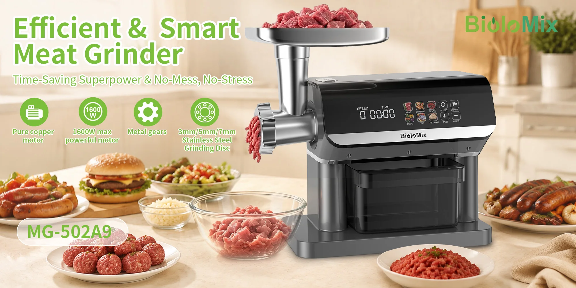 BioloMix 1600W 6-in-1 Meat Grinder – Touch Screen Presets, Auto-Reverse, Perfect for Grinding, Sausage and Kibbe Making