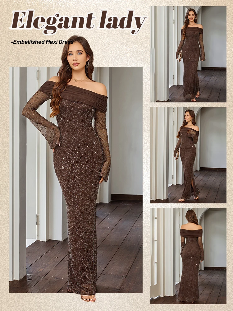 

Coffee Maxi Long Sleeve Dresses Sequin Evening Prom Dress One collar party dress