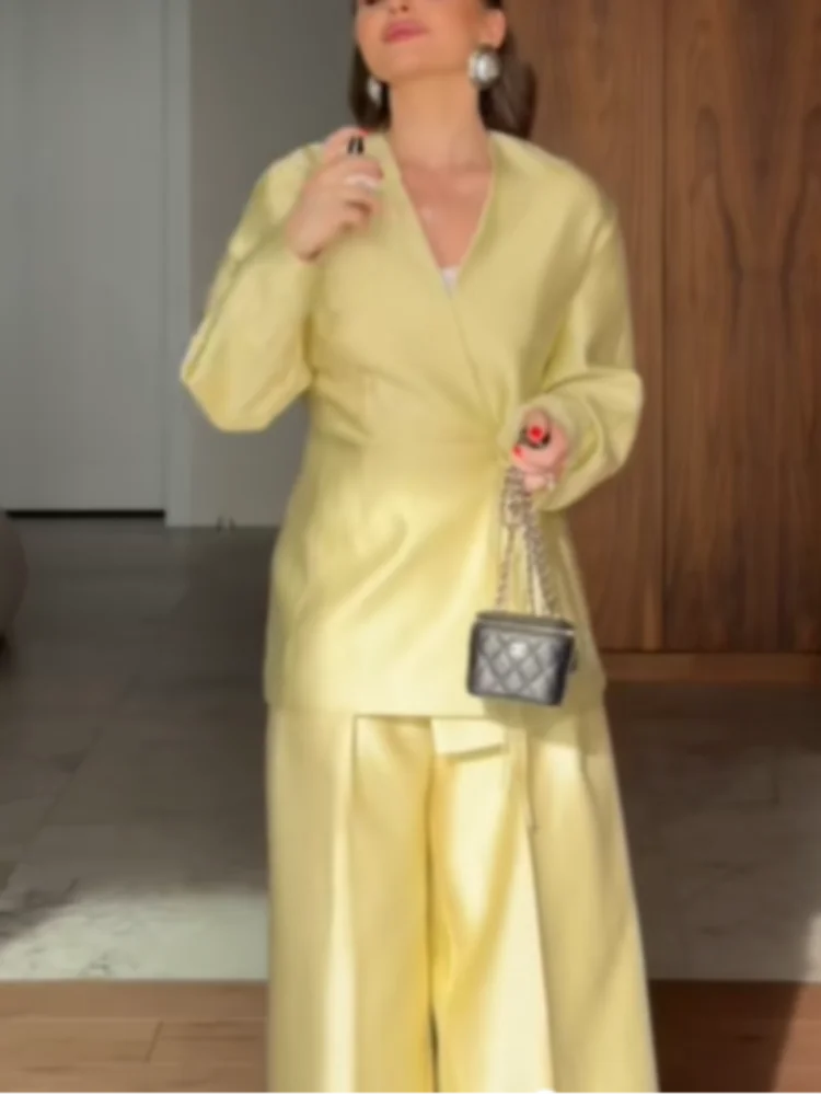 

Satin V Neck Blazer Jacket Pant Sets For Women Long Sleeve Lace Up Slim Fit Coat Baggy Long Trousers 2026 New Lady Outfits