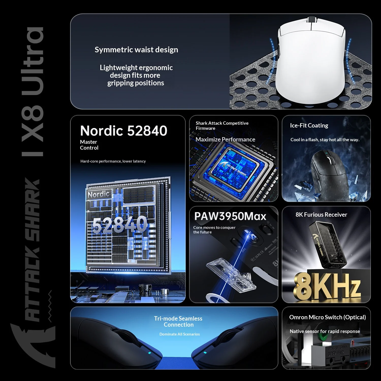ATTACK SHARK X8 Ultra /Plus/SE Tri Mode Wireless Gaming Mouse PAW3950 PAW3395 PAW3311 8K/1K HZ Ultralight Mice PC Accessories