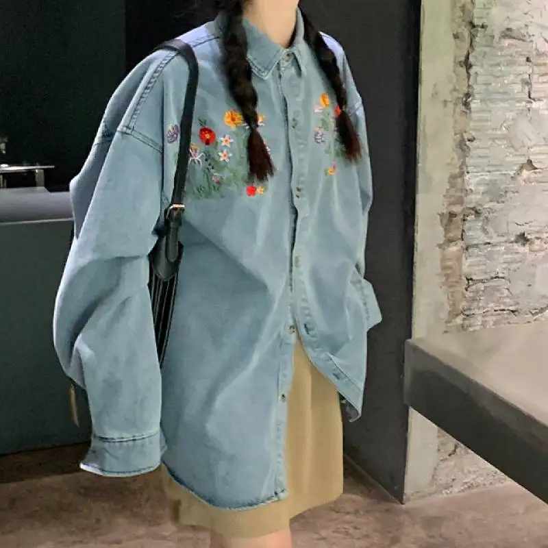 

Harajuku Y2k Retro Cotton Denim Shirt Spring Loose Blouses Long Sleeve Women's Flowers Embroidered Shirts Mori Girl Jean Shirt