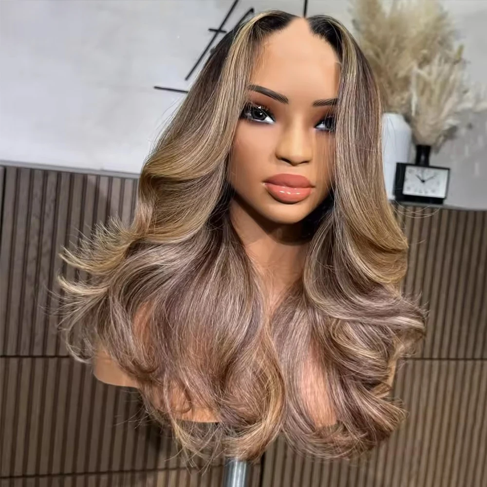Super Wavy Long Highlight Balayage Chestnut Brown Ash Blonde HumanHair U Part Wigs Combs/Clips V Shape Open Remy Indian Hair Wig