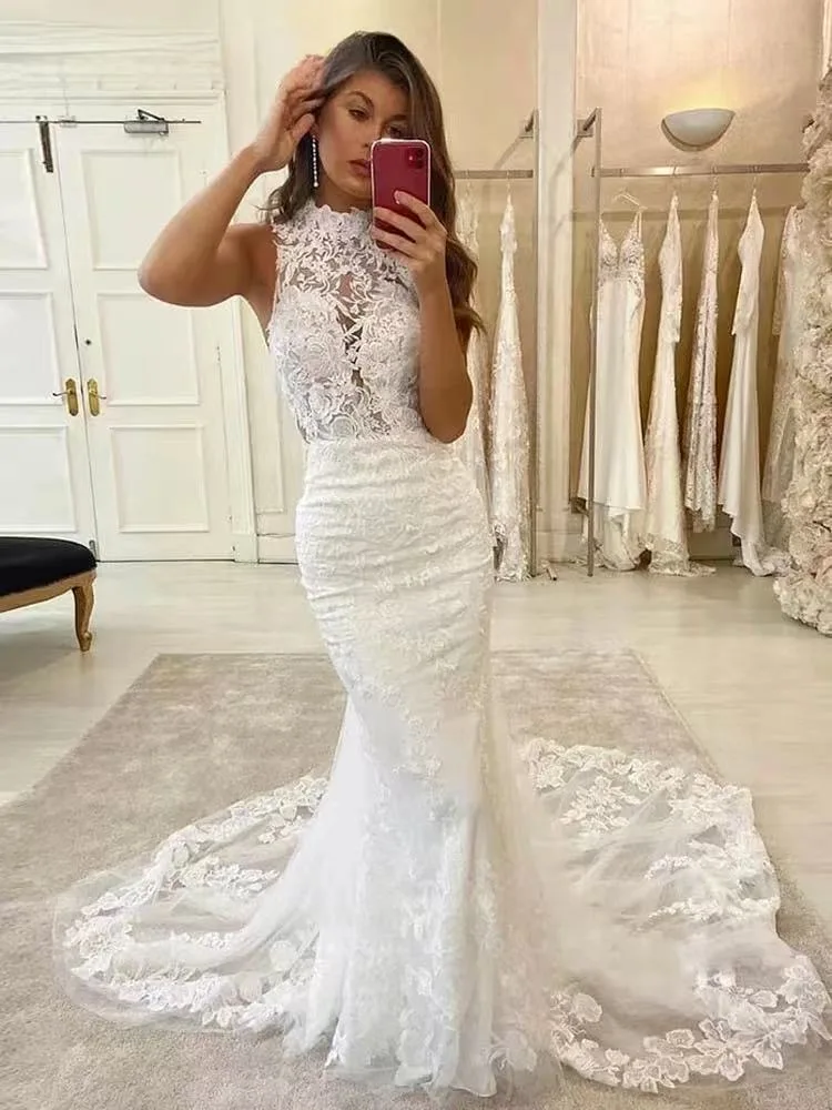 

Customized Sexy Mermaid Wedding Dresses Sleeveless Backless O-Neck Lace Bridal Gowns with Court Train Vestidos de novia
