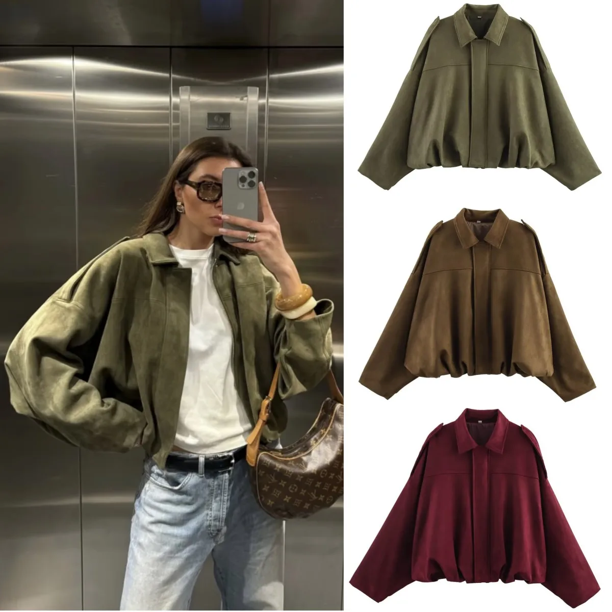 

2025 Wansici Spring new women's suede texture effect Loose version of fashion lapel shoulder bomber jacket