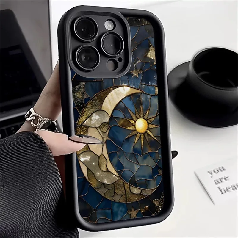 Beautiful Sun Moon Glass Pattern Phone Case For iPhone 16 15 14 13 12 11 Pro Max 16 15 14 Plus Shockproof Soft Phone Cover