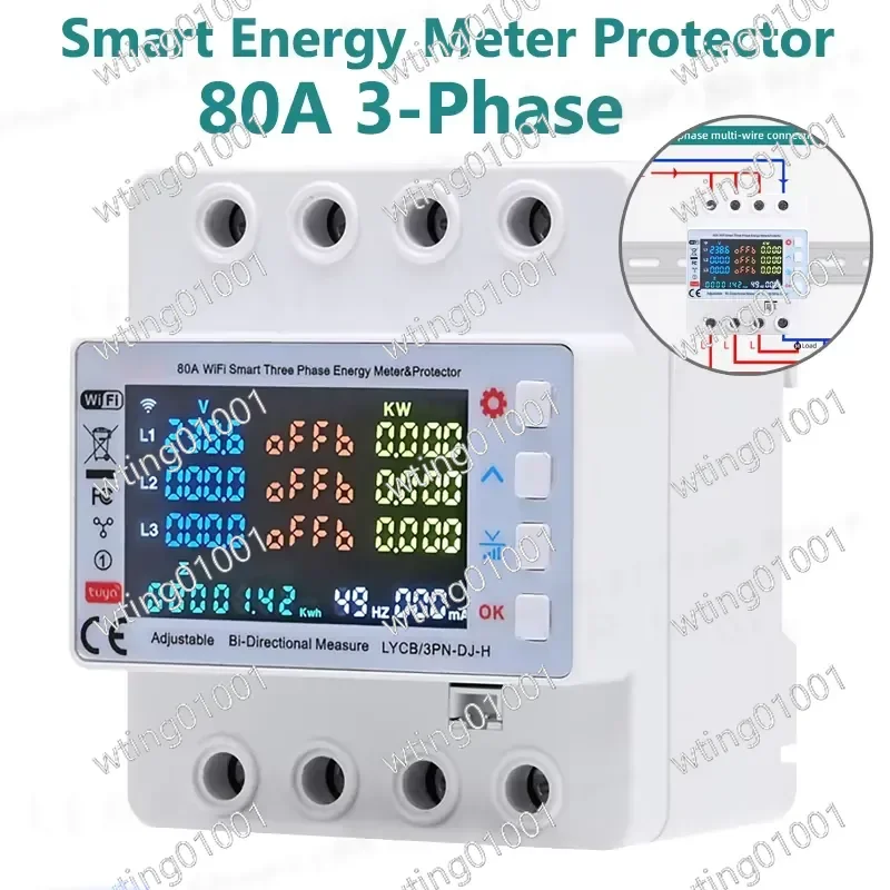 Smart Life Energy Monitoring 80A Tuya WiFi 3 Phase Meter with Bi Directional Auto Reclosing Voltage Protection Circuit