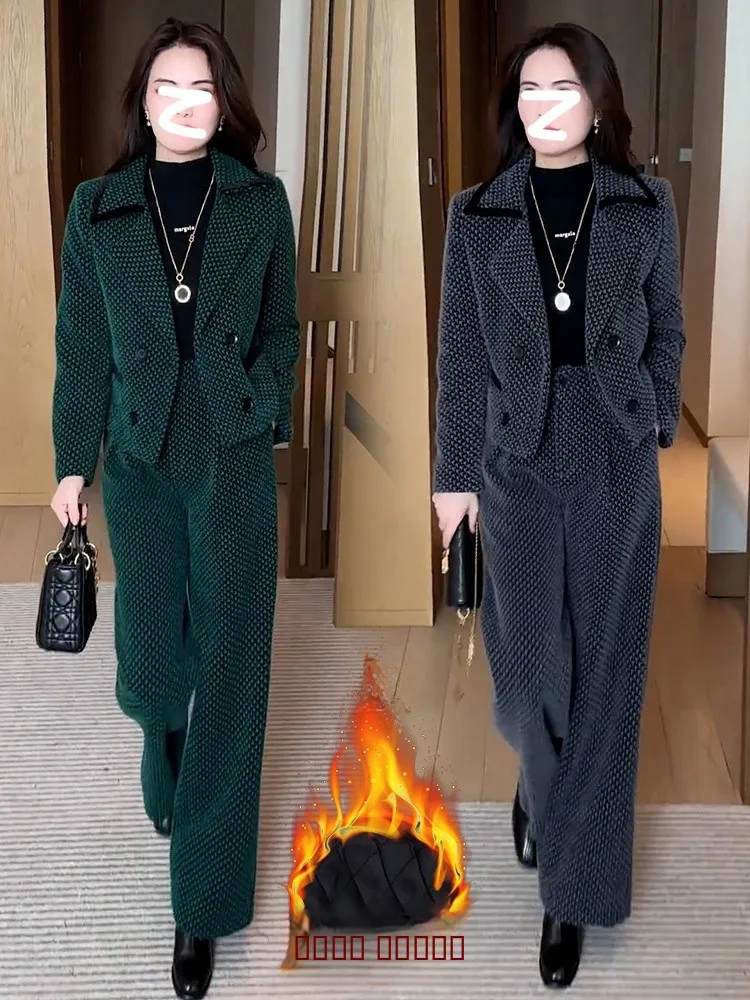 

Теплый хлопковый комплект для отдыха, женский зимний новый, утягивающий, с широкими штанинами, из двух предметов, модный