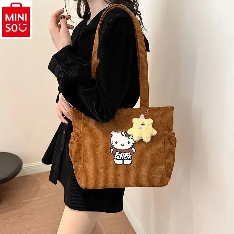 Sanrio Hello Kitty Corduroy Tote Bag Embossed Zipper Casual Shoulder Fashion Handbag Large Capacity Unisex Shopping Shoulder Bag