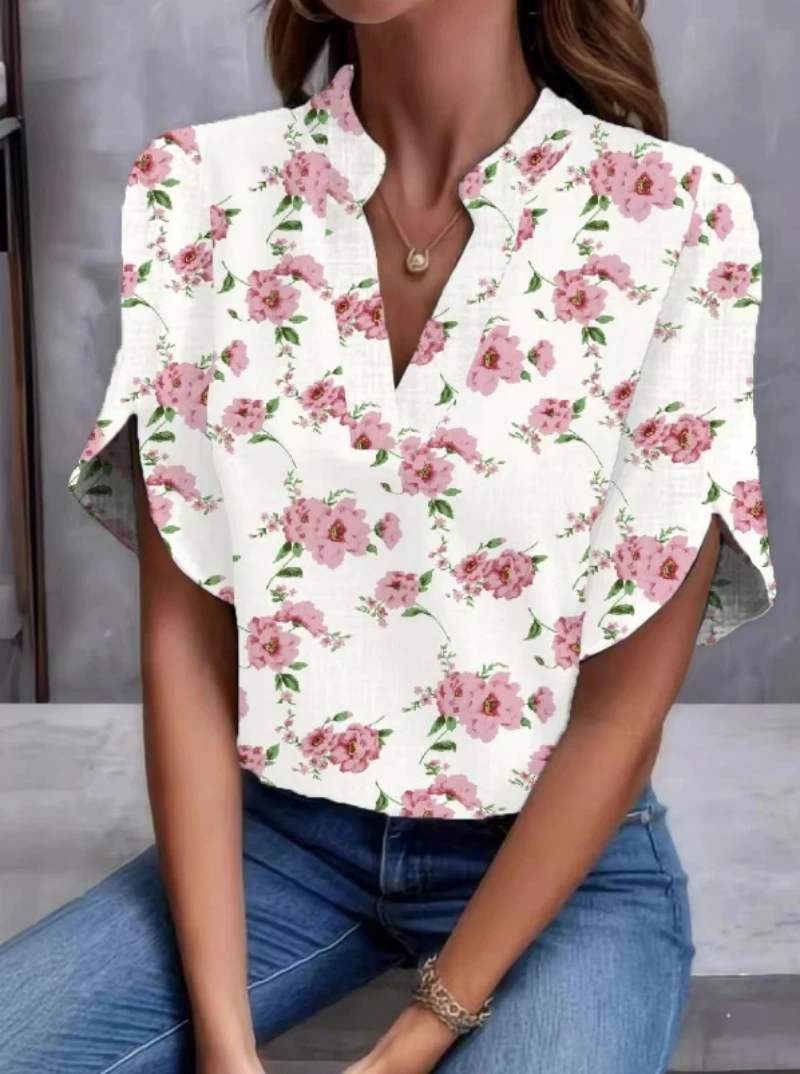 

Plus Size Women Short Sleeve Blouse Summer Loose Casual Shirt V Neck Trendy Tops