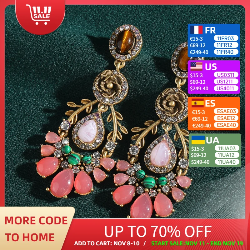 

Vintage Tiger Eye Stone Drop Pink Earrings Crystal Large Drop Gold Color Jewelry Luxury Designer Woman Accessories Wedding 2025