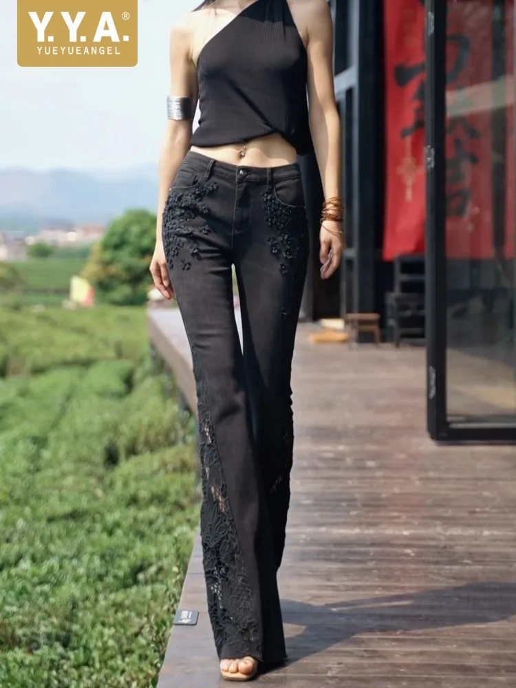 Chic Designer Office Ladies Black Appliques Jeans High Waisted Embroidered Hollow Out Flared Pant Fashion Womens Denim Trousers
