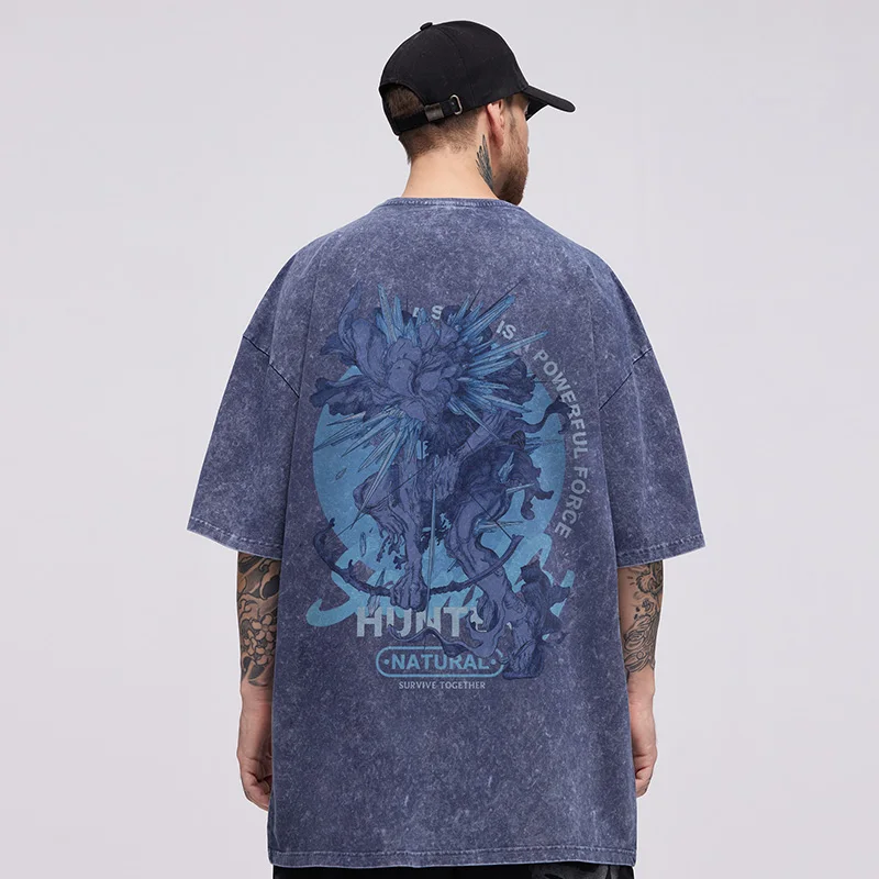 

Мужская летняя футболка оверсайз в американском ретро-стиле, из плотного трикотажа, свободного кроя, больших размеров, модная