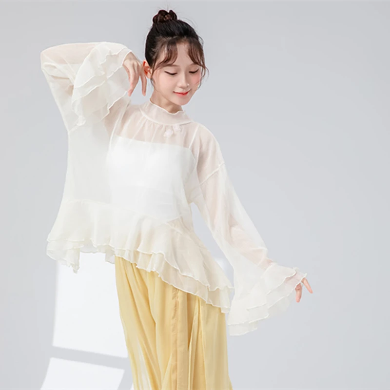 Top da danza classica da donna strati con volant barchette manica svasata camicia trasparente collo elegante abiti da pratica camicetta da performance Hanfu