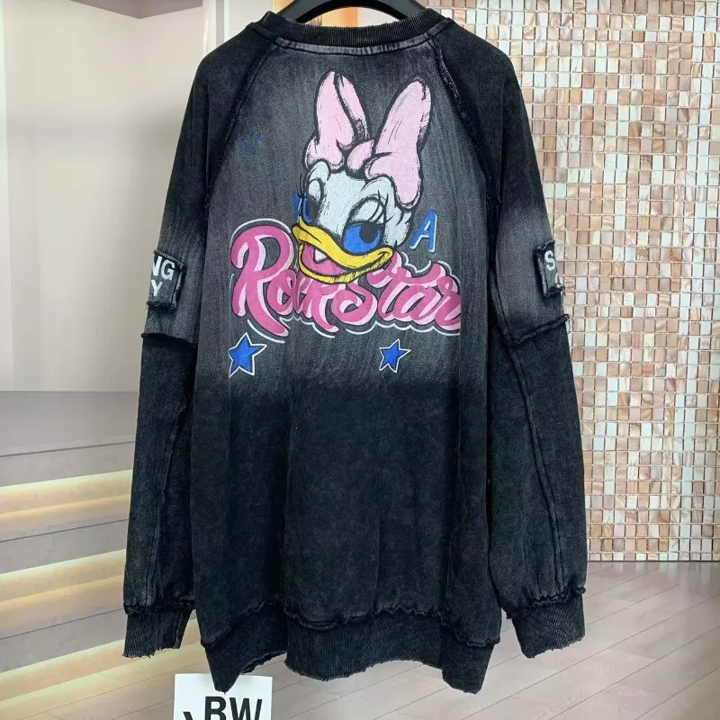 Autumn Winter Beautiful Hoodie Heavy Industry Loose Kawaii Sweatshirts Fashion Washing Cartoon Medium And Long Crew Neck Hoodies