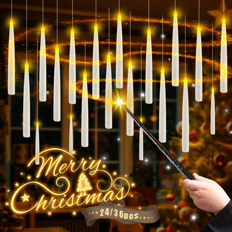 12-60PCS Floating Candles with Wand Magic Flameless Taper Candle Flickering Candlestick Hanging Christmas Decor/Wedding/Party