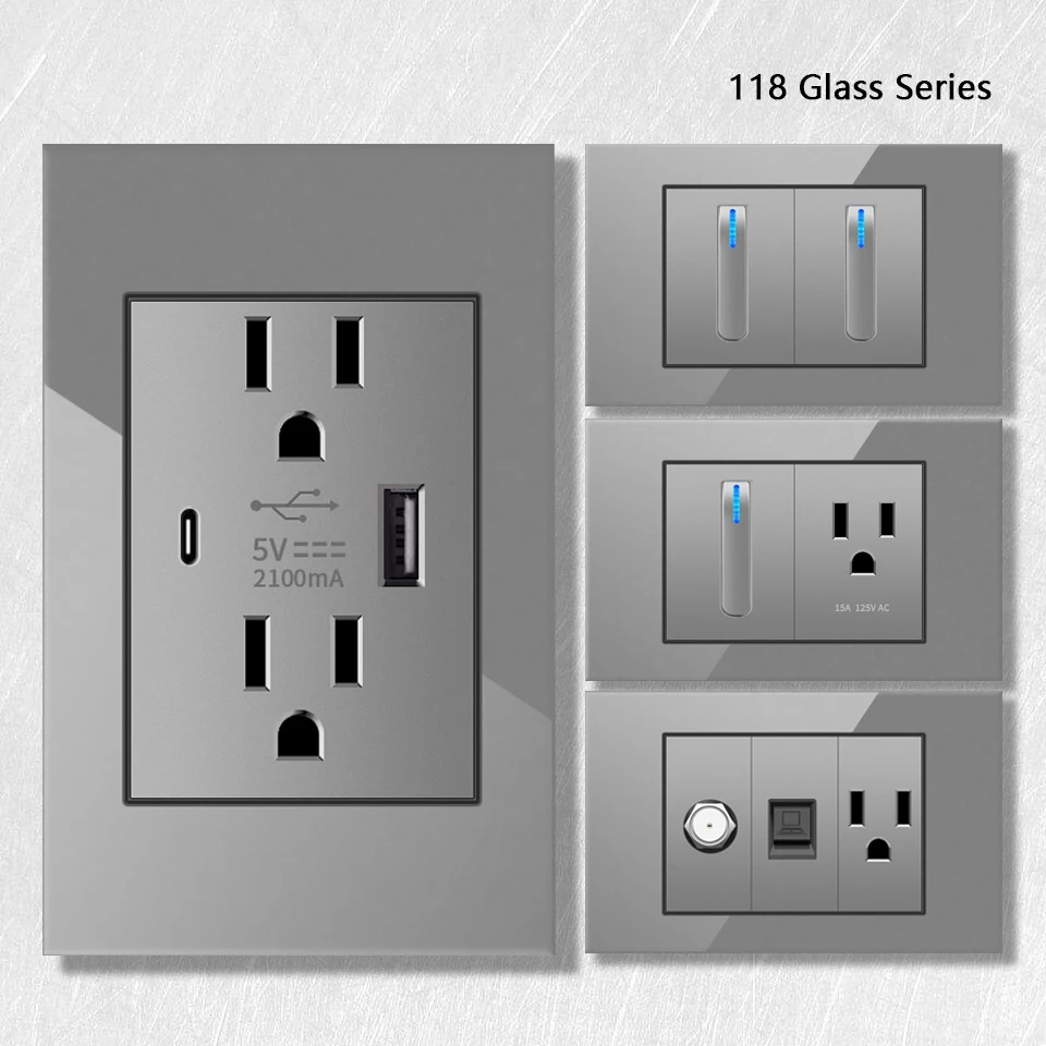 American Standard USB Wall Socket with 5V 2.1A USB Type-c Charger Plug,US Mexico Tempered Glass Piano Light Switch Power Outlet