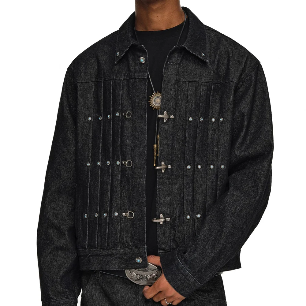 سترة قصيرة من قماش الدنيم بإبزيم على شكل طائرة للرجال ملابس خروج عصرية هيب هوب فيروزي بأزرار جينز للجنسين معطف رعاة البقر للربيع والخريف #1