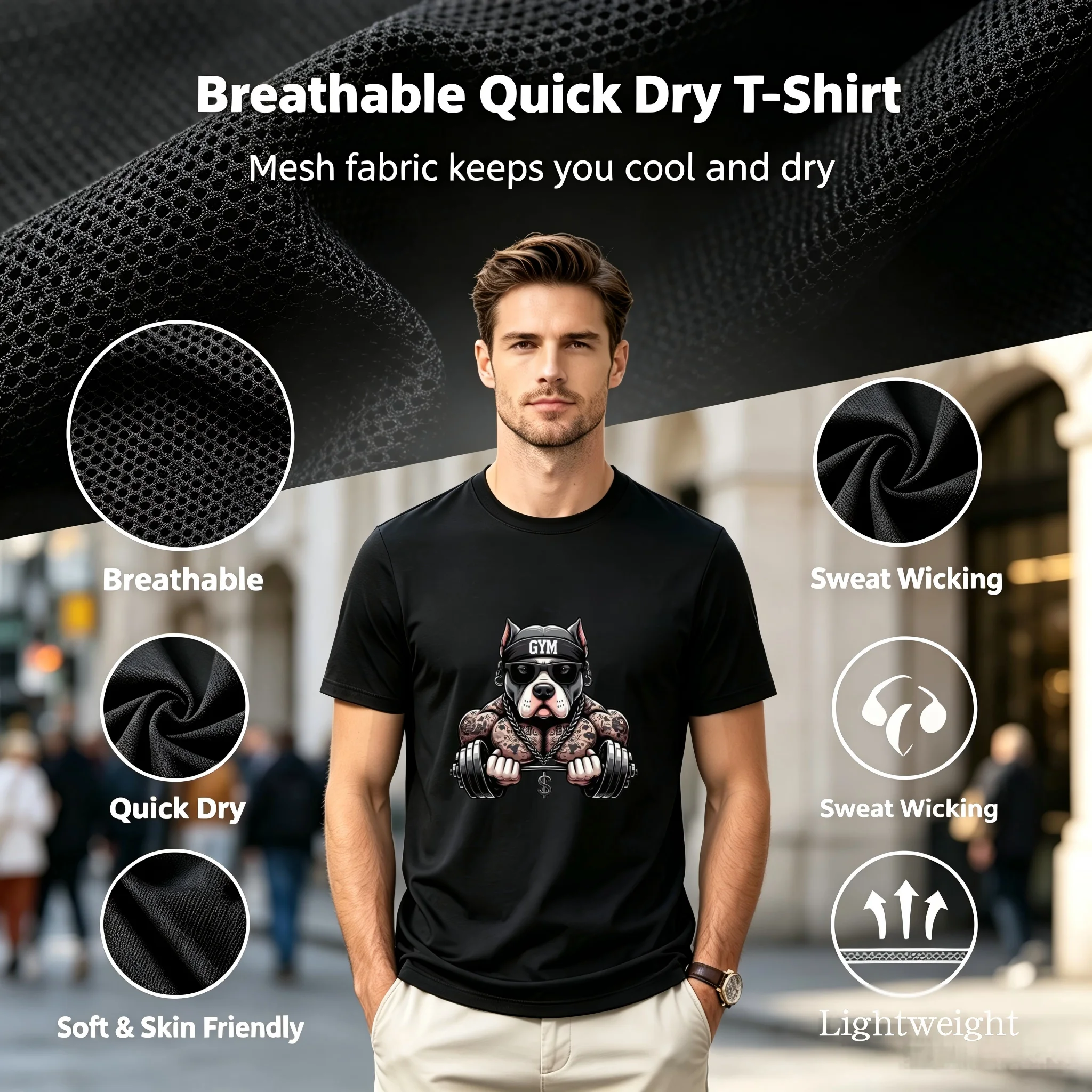 Nueva camiseta de secado rápido con gráfico Pitbull para hombre, camiseta transpirable de manga corta, camiseta informal versátil de moda, color azul marino