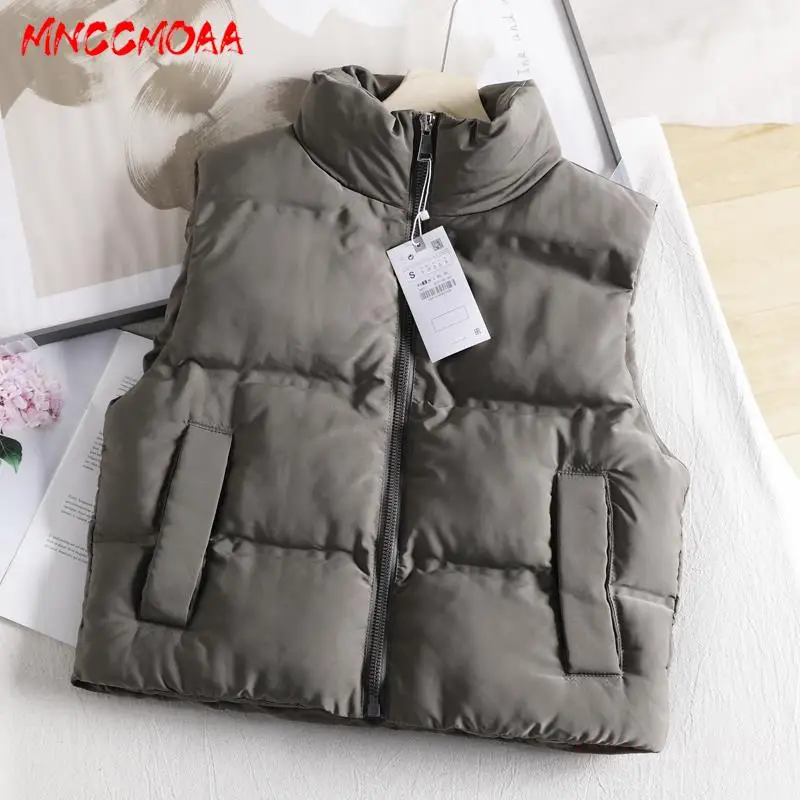 MNCCMOAA-Women\'s Sleeveless Waistcoat, Vest Coat, Loose, Stand Collar, Monochromatic, Casual Zipper Warm Top Winter Fashion 2024