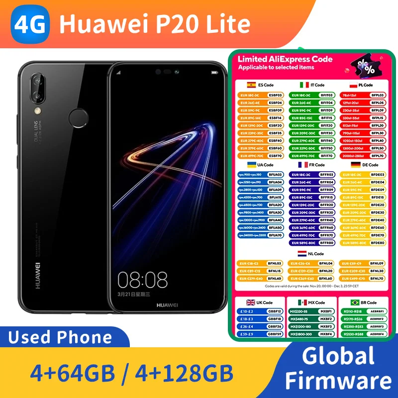 هاتف هواوي P20 Lite 4g الذكي CPU Kirin 659 بطارية 3000mAh 128GB ROM 16MP كاميرا EMUI هاتف مستعمل أصلي