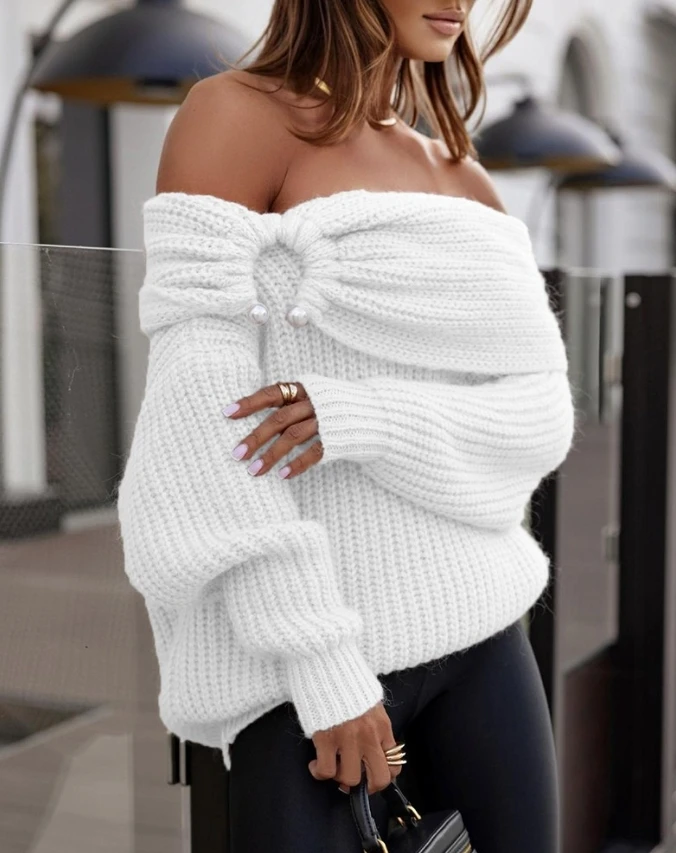 Pretty Girl In Stock, Off Shoulder Pleated Single Color Long Sleeved Loose Fitting Pullover Sweater, Newly Released