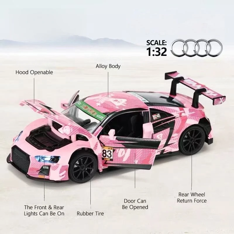 Audi R8 Pull-Back-Auto im Maßstab 1:32, Legierung, Druckgussmodell, Trägheitsbetriebenes Spielzeug, Geschenk, leichter Soundeffekt, Weihnachtsgeschenk