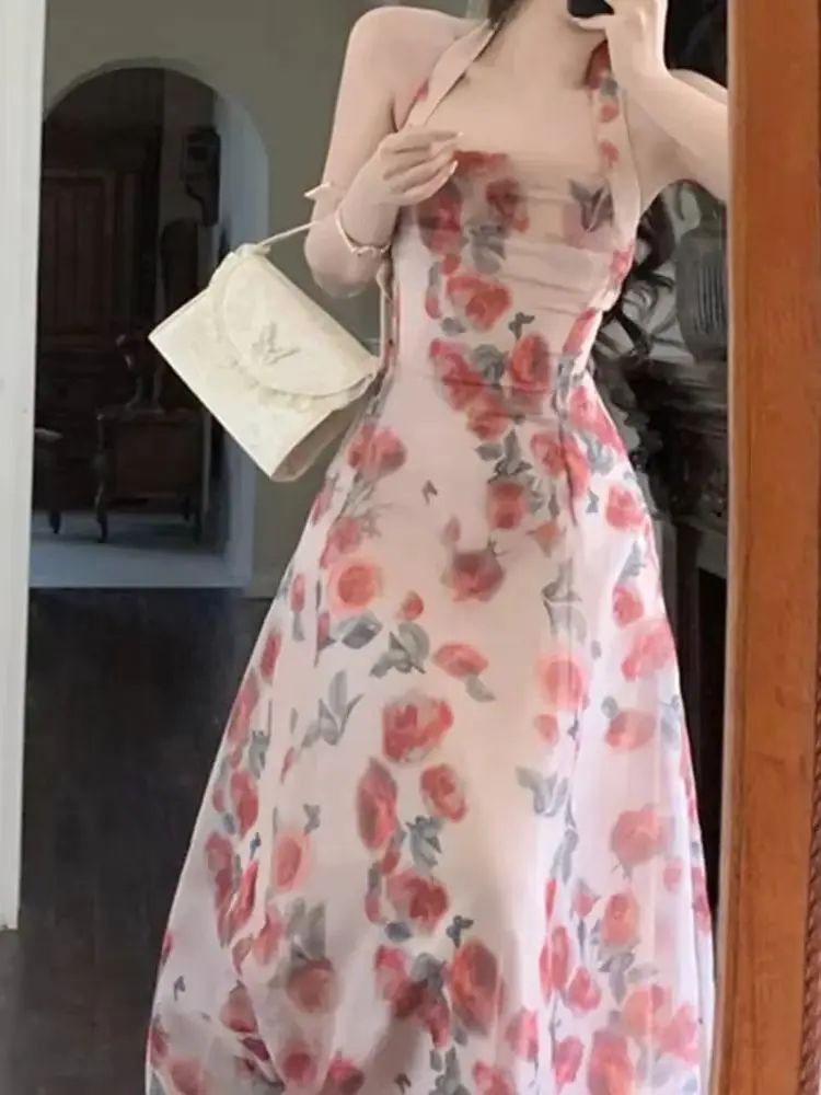 빈티지 한국 스타일 플로럴 쉬폰 홀터 드레스 백리스 우아한 미디 드레스 여성용 프랑스 파티에 완벽한 드레스