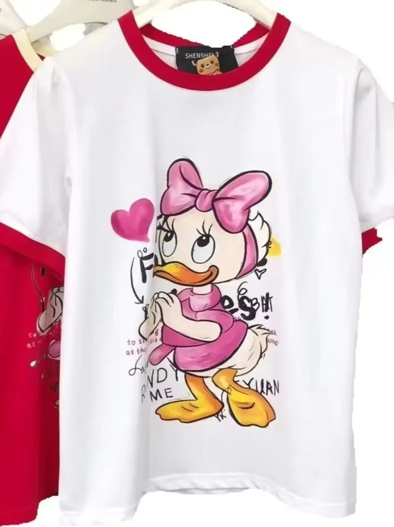 

Colorblock Summer Women T-shirts Age Reduction Cartoon Printed All-match O-neck Pullover Top Short Sleeve Students Cotton Tees