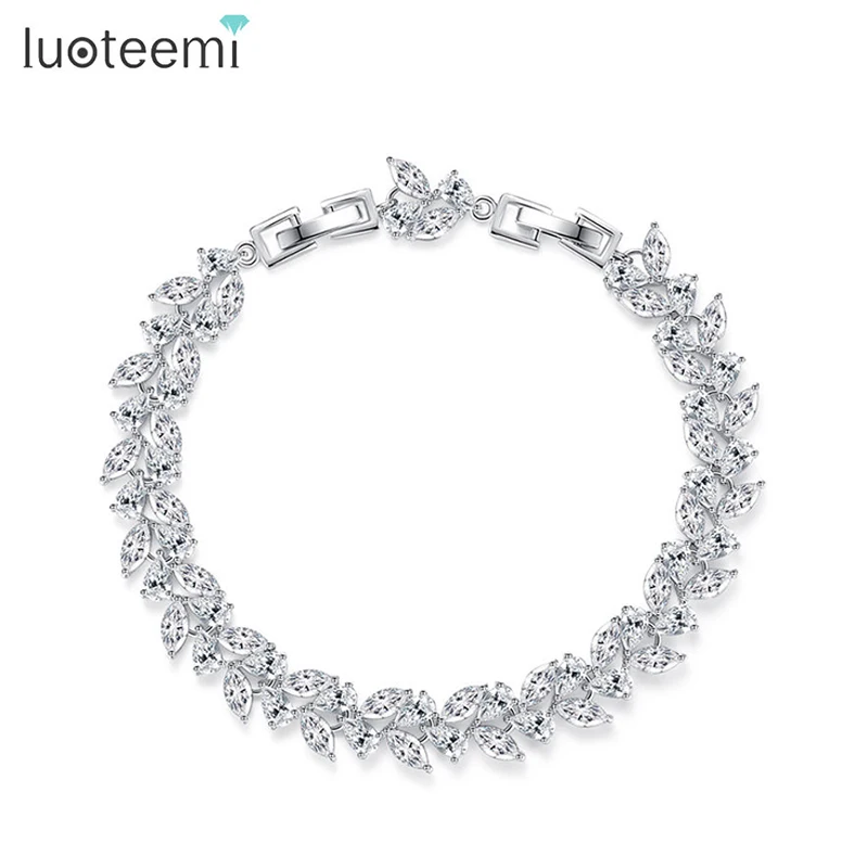 LUOTEEMI Leaf Shape CZ Bracelet Luxury Women Cubic Zircona Vintage Bride Wedding Bracelets Bangle for Women Bridal Jewelry