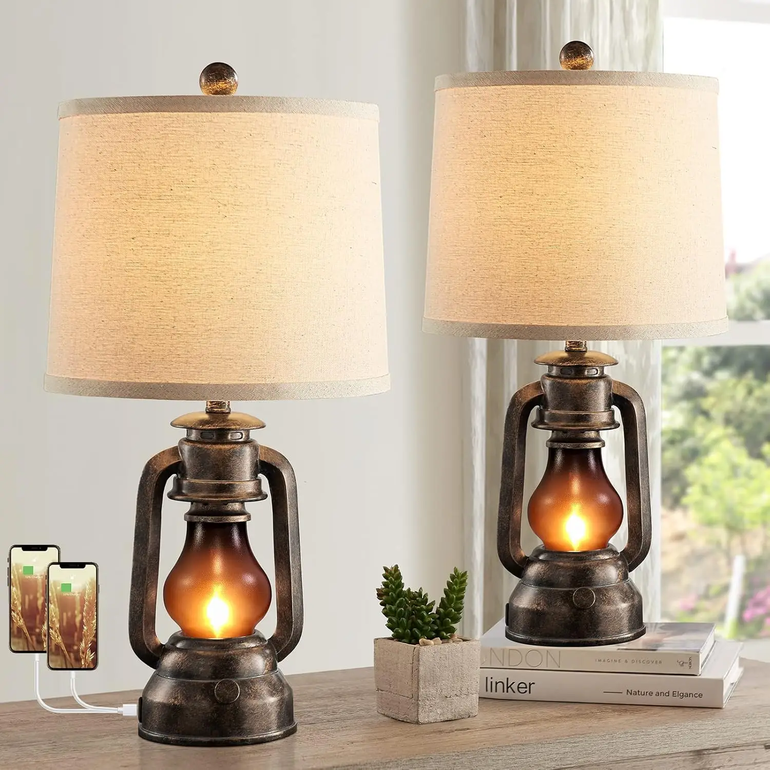 

Vintage Farmhouse Lantern Table Lamps Set of 2 with Dual USB Charging Ports and Included Bulbs