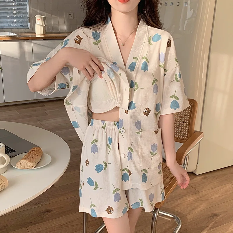 Cute Cat Pajamas with Built-in Chest Pads for Women Cotton Summer Short Sleeves Women's Pajamas Sweet and Cute Home Clothes