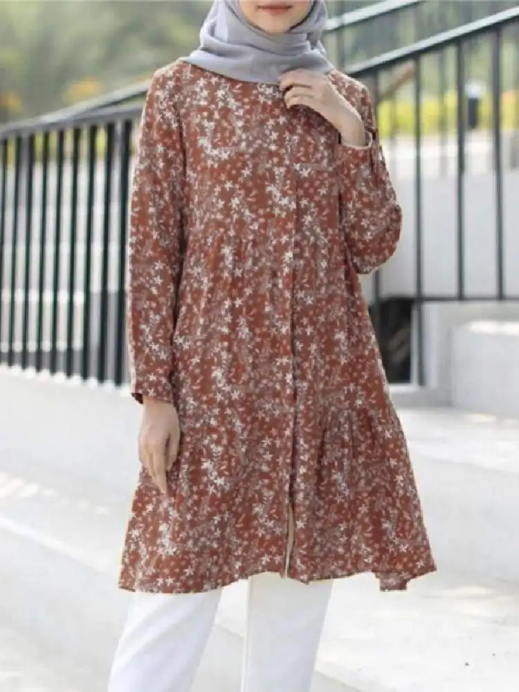 ZANZEA Muslim Long Tunic Tops Women Abaya Autumn Floral Printed Ruffle Hem Printed Shirt Blouse Kaftan Vintage Blusas Chemise