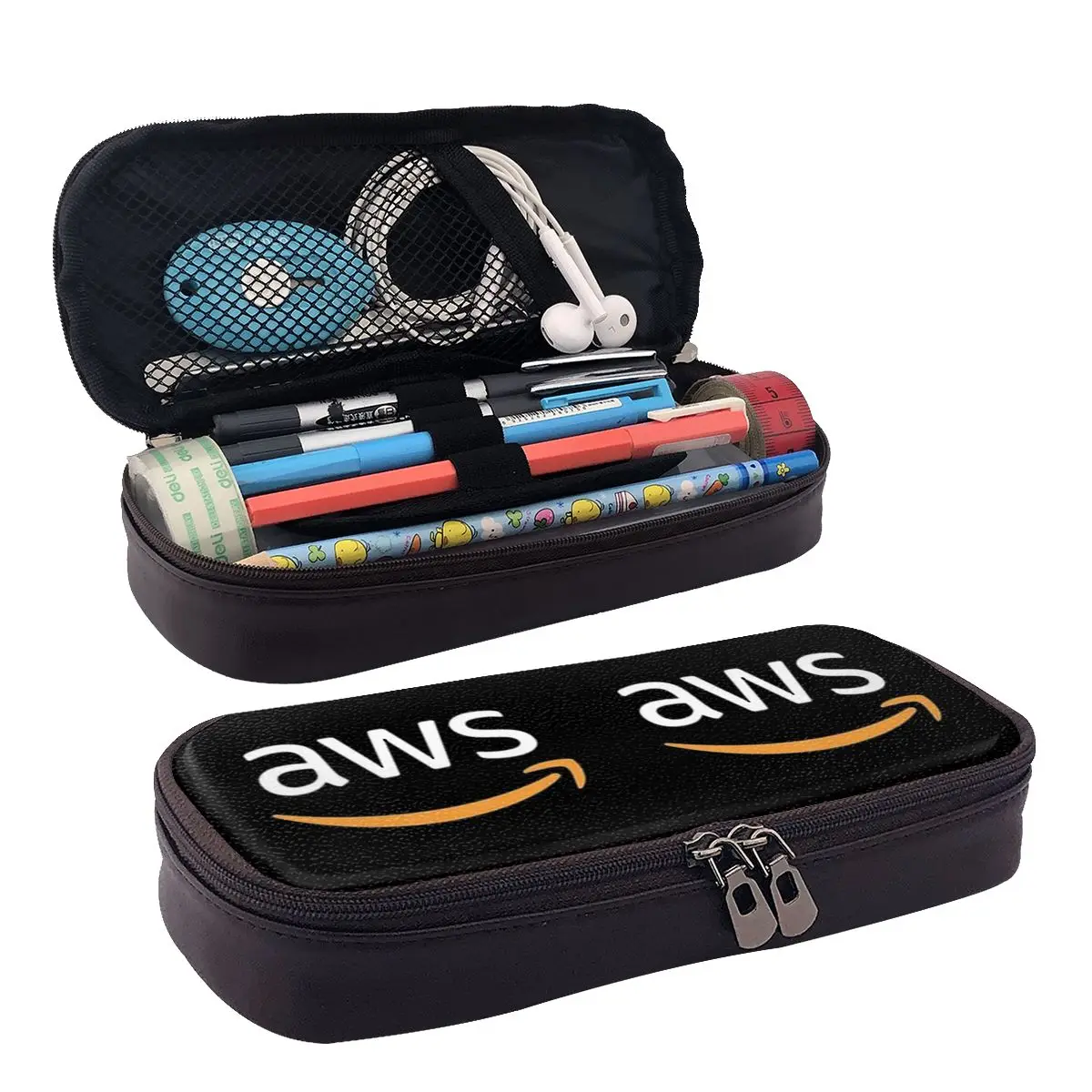 AWS Developer Logo V2 Leather Pencil Case for Boys Girls Gifts Pen Box Pencil Bag Stationery Supplies Pen Holder Bag