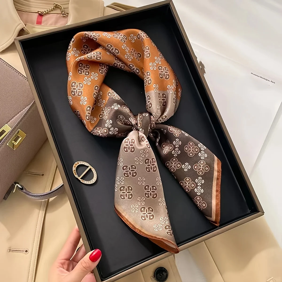 Luxury Brand Elegant Contrast Color Square Scarf Stylish Small Flower Print Neck Scarf Casual Imitation Silk Smooth Headband