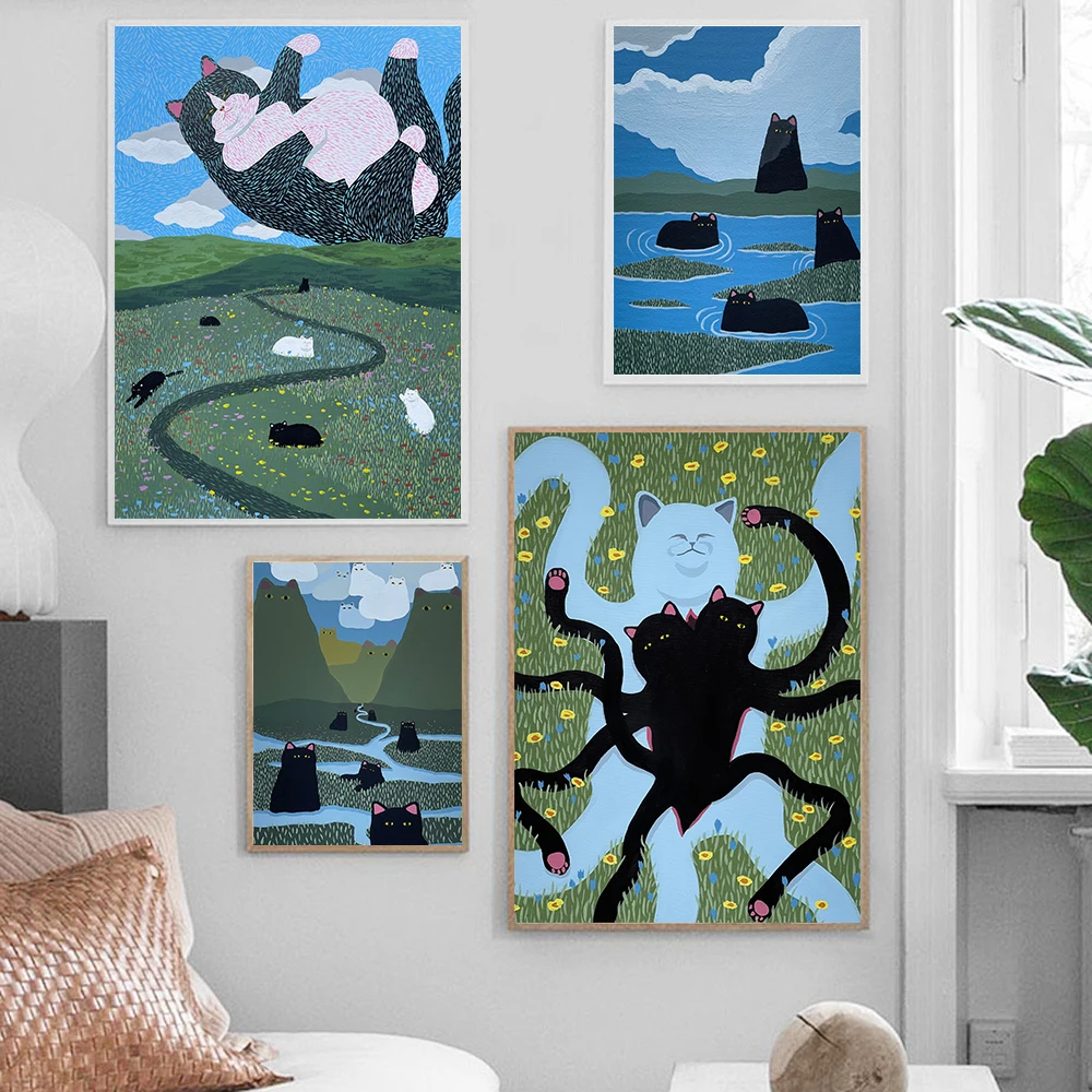 Vintage Cartoon Anime Cat Cute Wall Art Poster Print Black And White Bear Grassland Canvas Painting Living Kids Room Home Decor