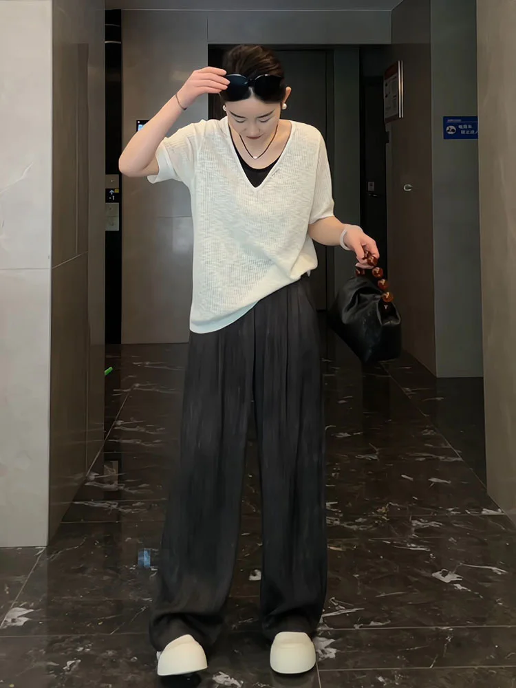 Casual V-neck Short Sleeve T-shirt Ice Sensation Pleated Summer Fashionable Two-piece Set Women's Clothing Breathable Comfort...