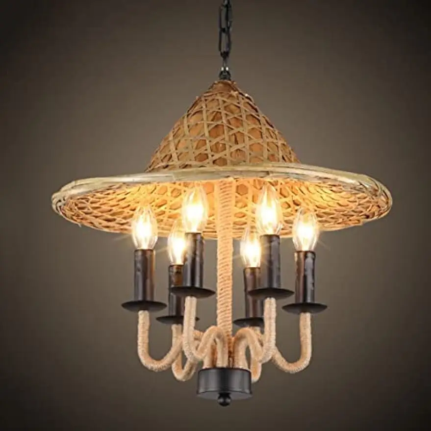 Industrial Style Chandelier Ceiling Light, Farmhouse Bamboo Hat Bar Hanging Light, Taiwan Tea House Hot Pot Restaurant