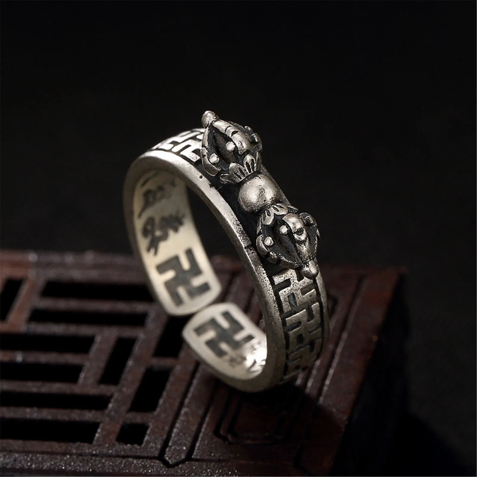 Dorje Vajra Bell Open Ring Sterling Silver 925 with Sauwastika Symbol for Men Women Hinduism Buddhism Religious Style Jewelry