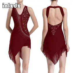 Women Latin Tango Dance Dress Shiny Rhinestones Asymmetrical Tassel Hem Ballroom Dancing  Cha-cha Rumba Performance Costume