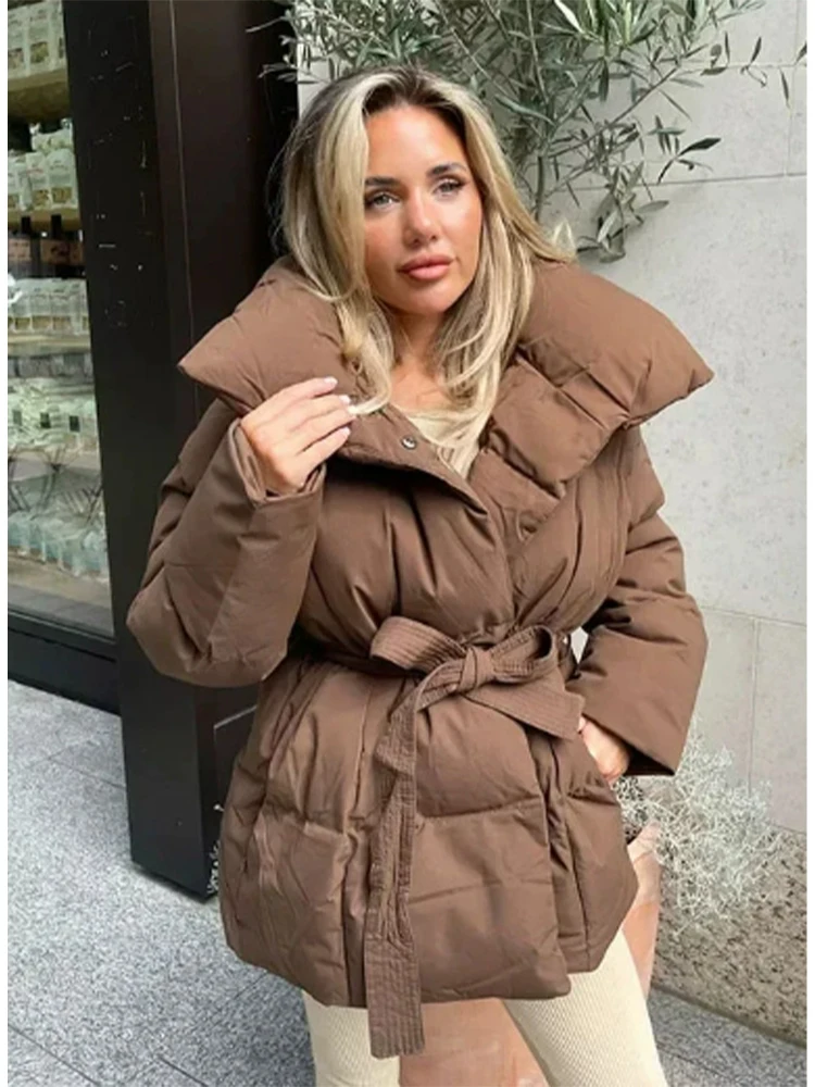Women Solid Fashion Lapel Tie-up Cotton Coat Long Sleeved Waist Cinched Warm Loose Jacket Lady Casual Commute Winter Outwear 24 Sa94069cbc4f84fb0adebdef372a58e4dJ
