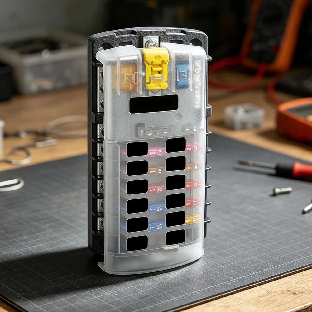 12 Circuit Fuse Panel with Ground Connection and Cover for Car RV For Yacht and Mobile Electrical System Organization