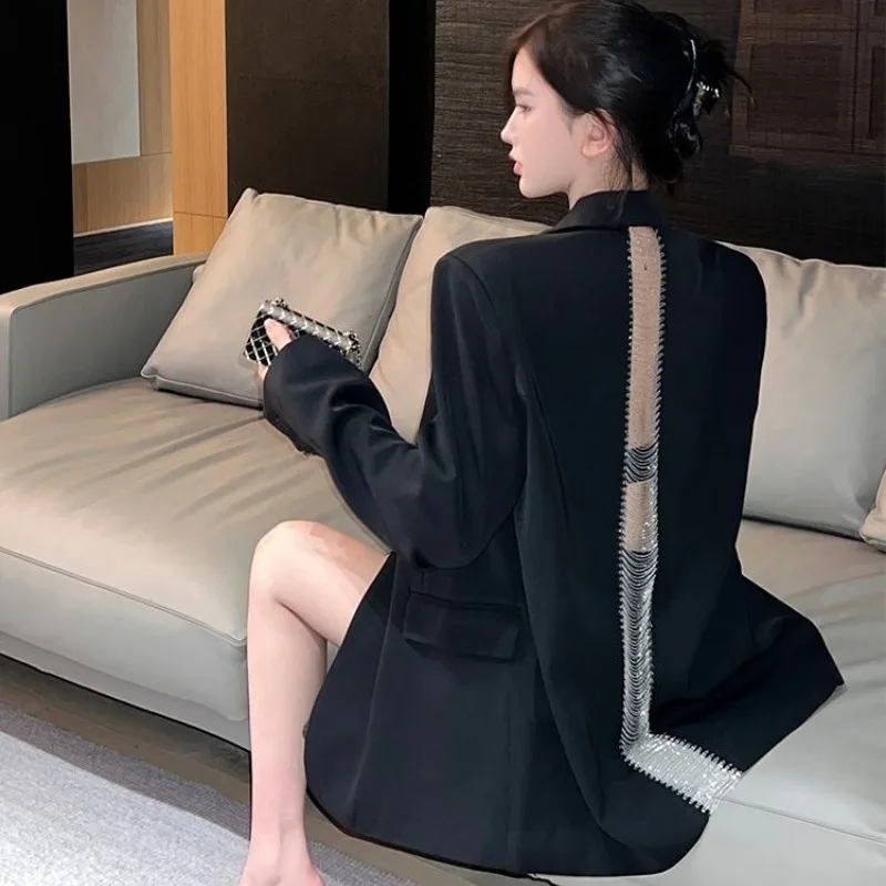 

Large Size High-end Black Blazer Women's Autumn New Jacket Light Luxury Temperament Celebrity Design Niche Suit Top Hollow Trend