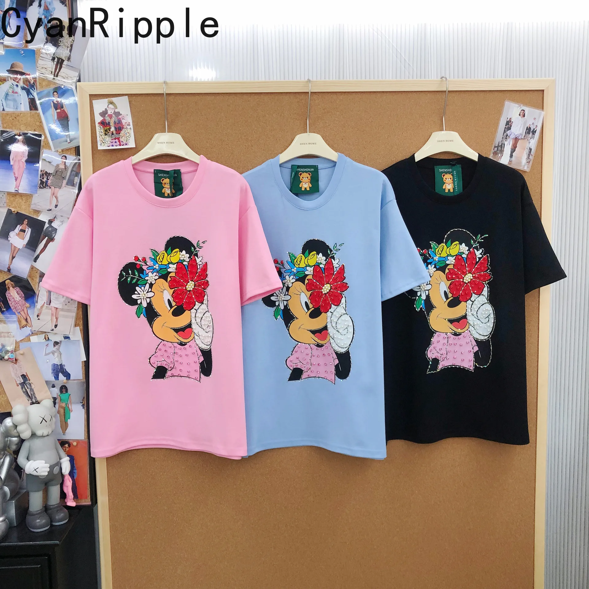 

Age Reduction Spring Summer Loose Short Sleeve T-shirt Cute Mickey Printed Diamonds Round Neck Pullover Top Students Cotton Tees