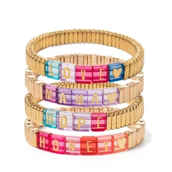 Pulseras de esmalte con nombre personalizado para mujer, brazalete elástico con cuentas de Color dorado, 2x8mm, 2024