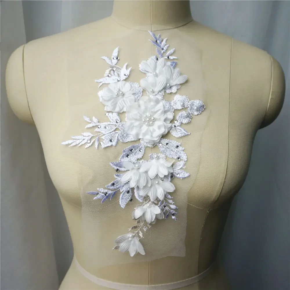 White Blue Red 3D Flowers Beads Rhinestones Appliques Embroidered Wedding Gown Decoration Mesh Fabric Sew Patch For Dress DIY