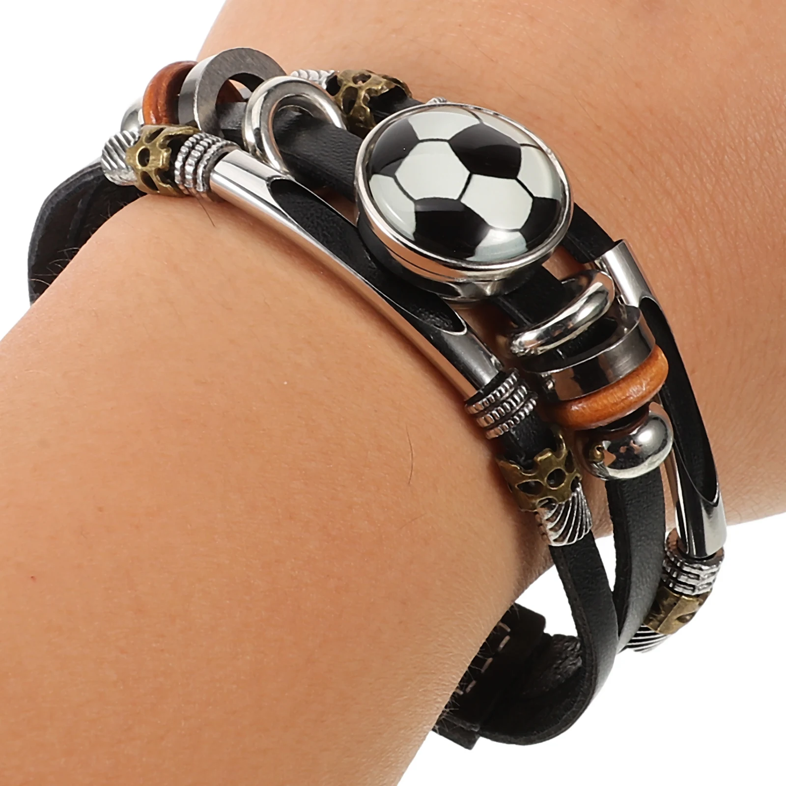 

Football Sports Bracelet Men Vintage Punk Multi Layer Wristband Coffee Color Stylish Gift Fan Cool Unisex Wrist
