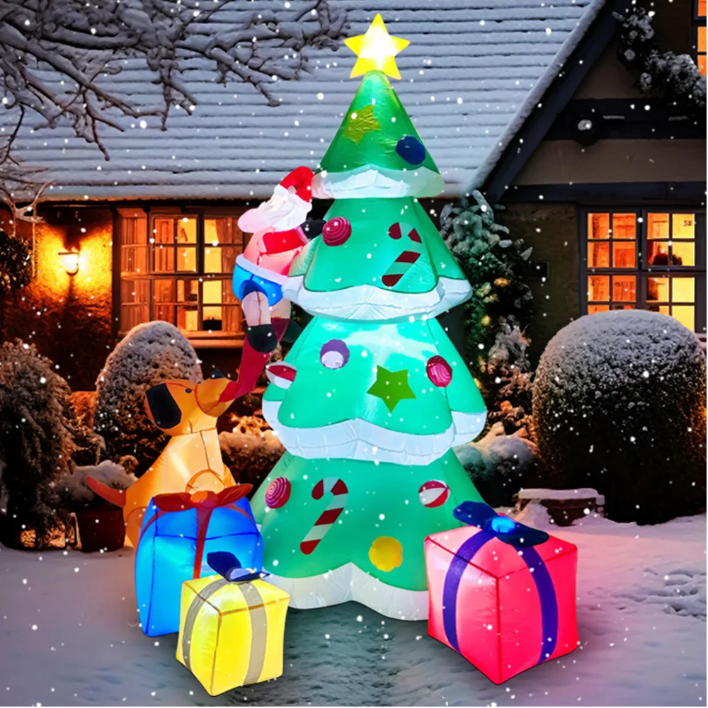 

Christmas Inflatables Christmas Trees Train Santa with Gift Pack Outdoor Decorations Xmas Yard Decorations with LED Lights